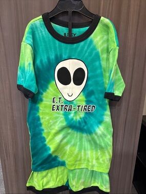 Lazy One Tie-Dye Alien Pajama Set - Teal & Lime with Black Trim